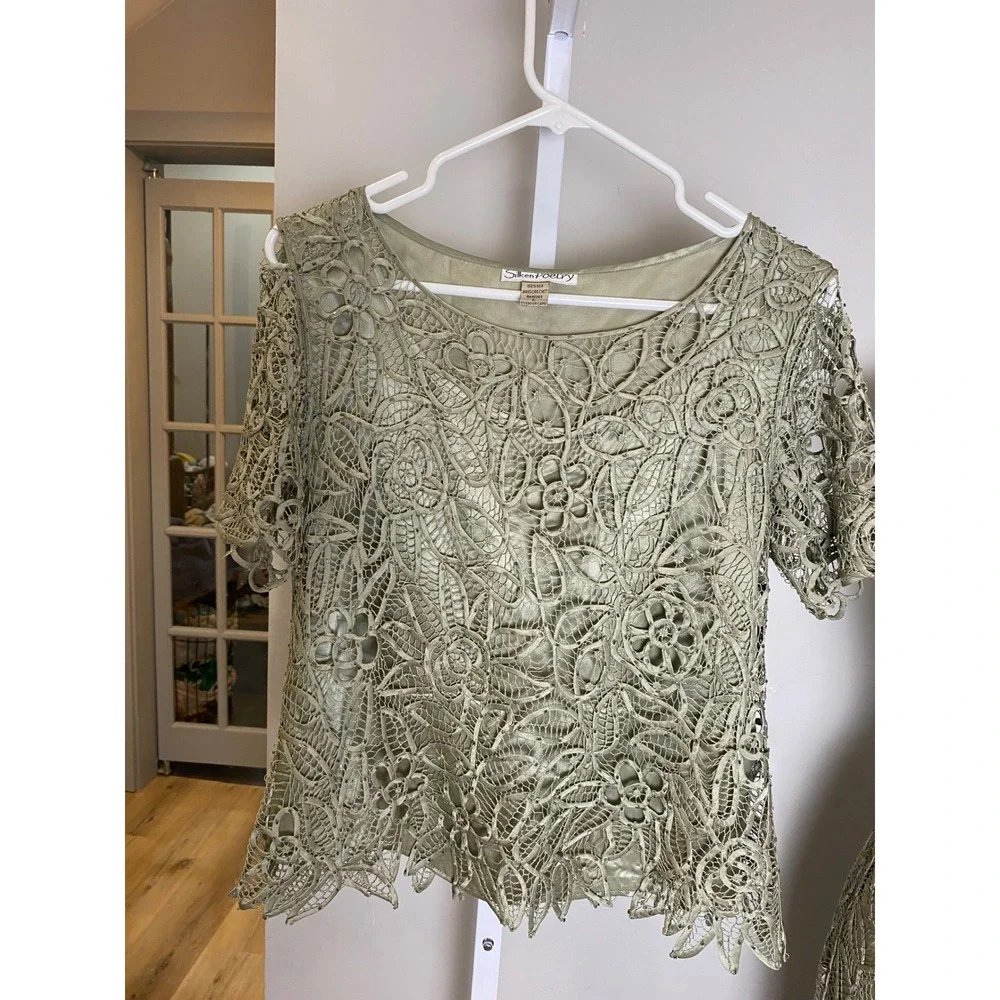 Vintage 90s Y2K Silk 3 Piece Set Lace Beaded Blouse Tank Skirt Sage Green Formal